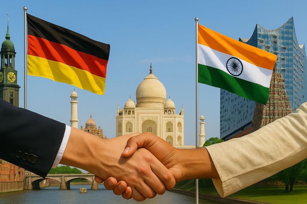 A handshake in front of the German and Indian flags, with Hamburg landmarks and the Taj Mahal behind them.