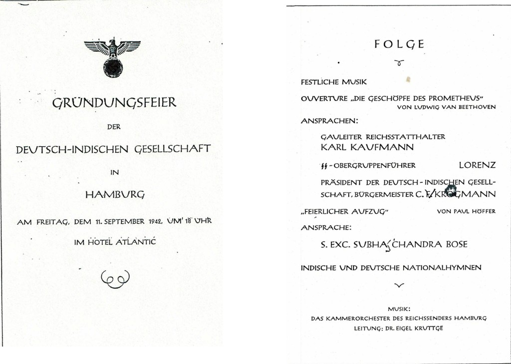 Two-page printed programme for the founding ceremony of the Deutsch-Indische Gesellschaft, 11 September 1942, Hotel Atlantic.