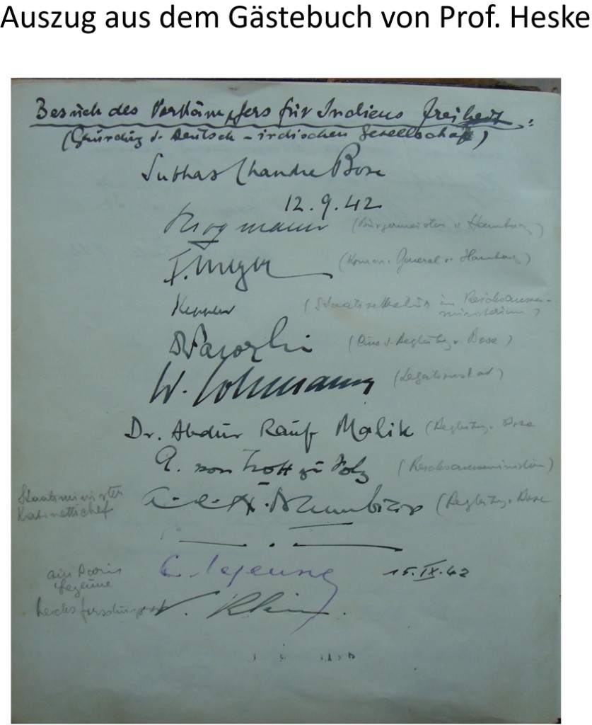 Guestbook page headed “Visit of the champion of India’s freedom”, signed by Subhas Chandra Bose on 12 September 1942.