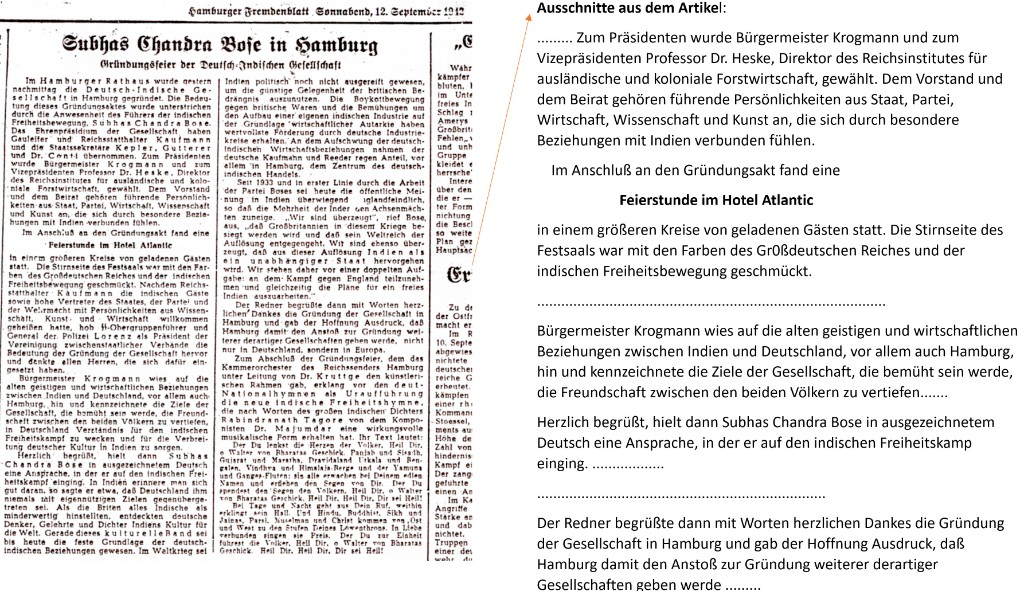 Newspaper clipping headed “Subhas Chandra Bose in Hamburg”, with transcribed excerpts from the report.