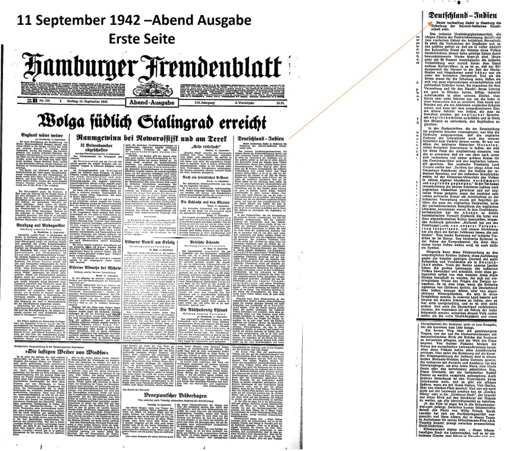 Evening edition of the Hamburger Fremdenblatt, 11 September 1942, with the article “Deutschland — Indien” announcing that afternoon’s founding.